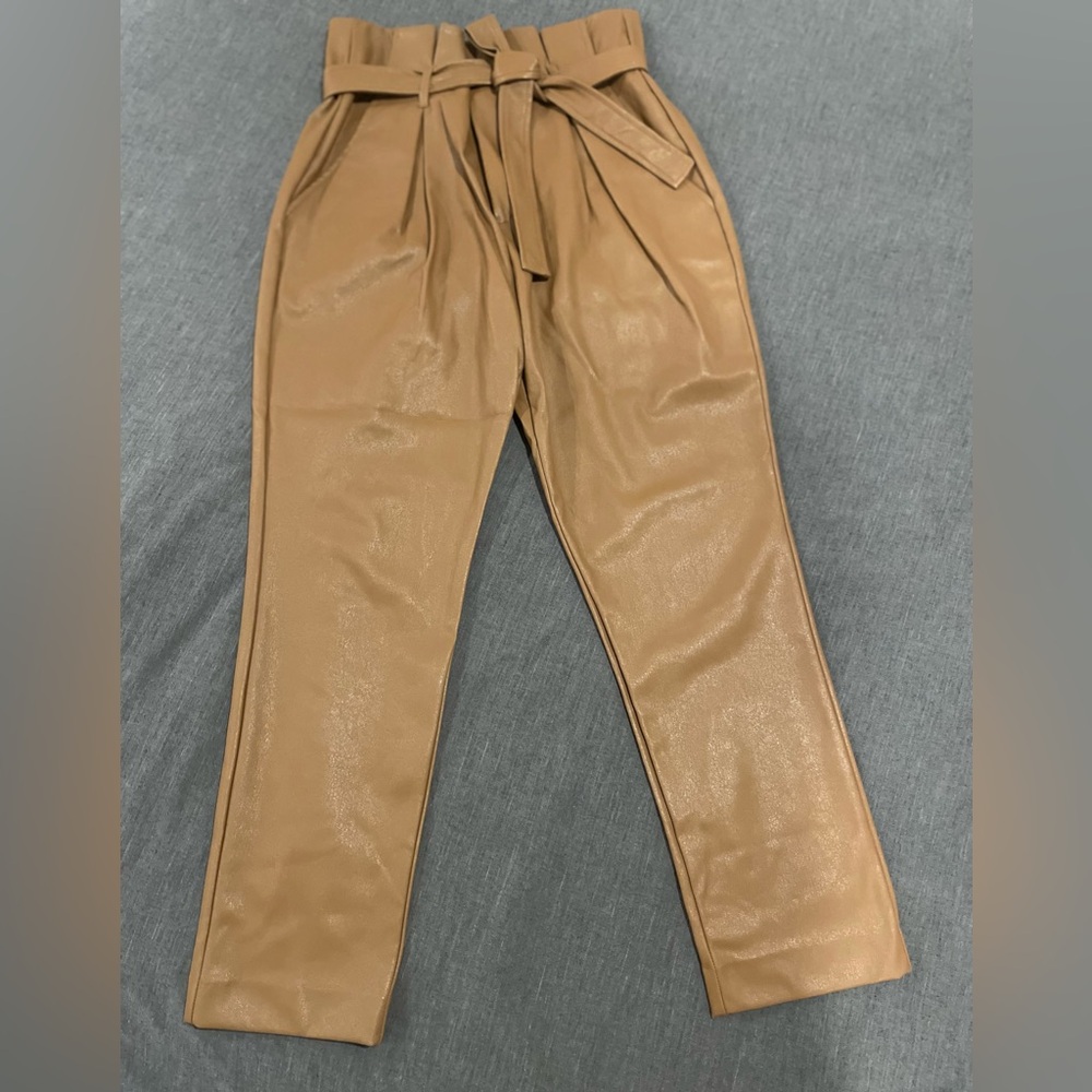 High waisted paper bag faux leather pants. (Color - COGNAC)
